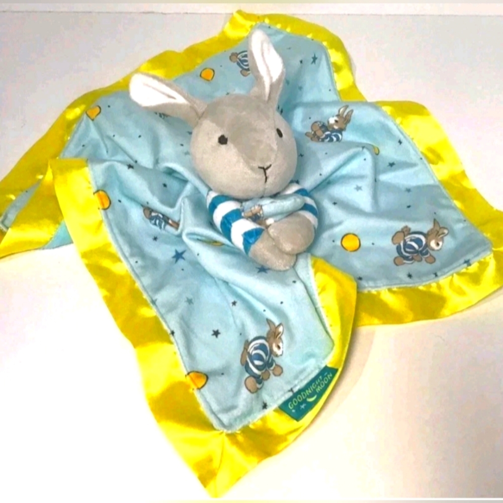 Goodnight Moon Bunny Stars Moon Blue Yellow Baby Security Blanket Lovey